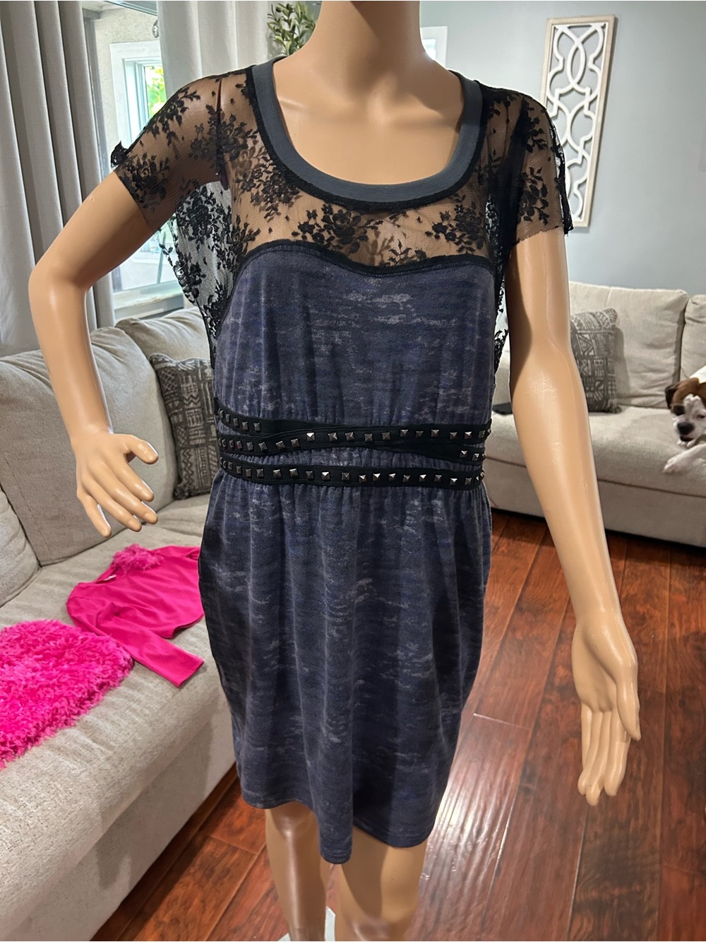 Buffalo Floral Lace Mini Dress in Blue & Black Like New